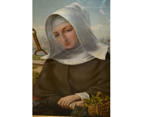19th Century oil on canvas, ' Le Bon Voyage ', a portrait of a nun seated on a ship, 29ins x 24ins, gilt framed