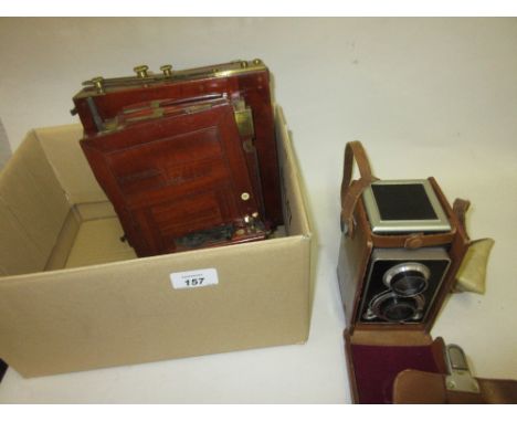 Mahogany plate camera, The New King (minus lens) together with a Sem Orec twin lens camera