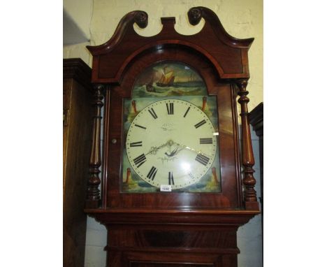 19th Century mahogany longcase clock, the arched hood with a swan neck pediment above a rectangular panel door and conforming