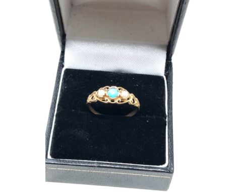 9ct gold vintage turquoise &amp; pearl ornate gypsy setting ring (1.5g)