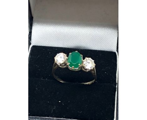 9ct gold vintage chrysoprase &amp; clear gemstone trilogy ring (1.9g)