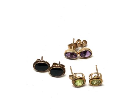 3 x 9ct gold peridot, amethyst &amp; enamel earrings (3.1g)