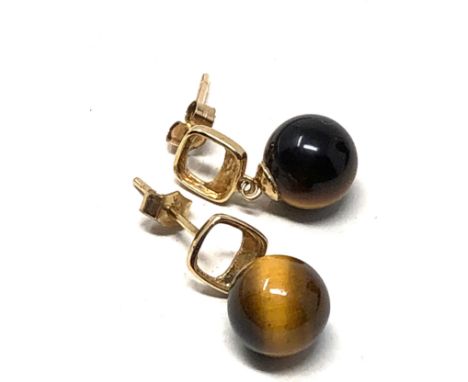 9ct gold vintage tiger's eye drop earrings (2.1g)