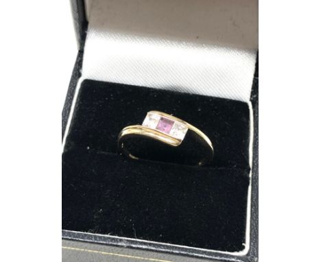 9ct gold vintage amethyst &amp; clear gemstone twist trilogy ring (1.7g)