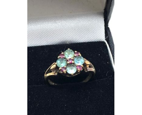 9ct gold ruby &amp; topaz floral cluster fronted ring (2.6g)