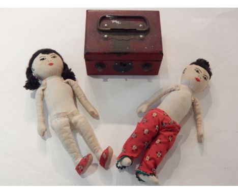 A vintage metal savings tin, rectangular finished in red with a pair of combination dials, together with two Chinese rag doll