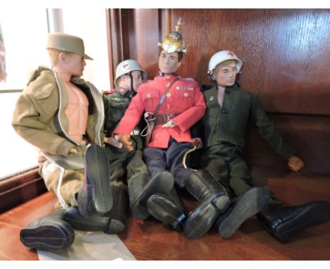 Four vintage Action Man figures, including Canadian Mounted Police model, together with sundry costume, equipment, etc.