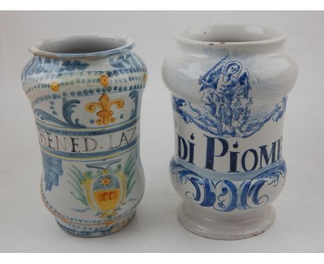 Two 18th century style majolica albarello one marked Vng Di Piombo within a figural scroll cartouche the other polychrome pai