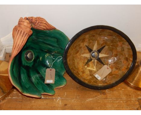 A Portuguese green glazed earthenware counter top basin modelled as a clam shell. W. 46cm together with a Portuguese oval mos