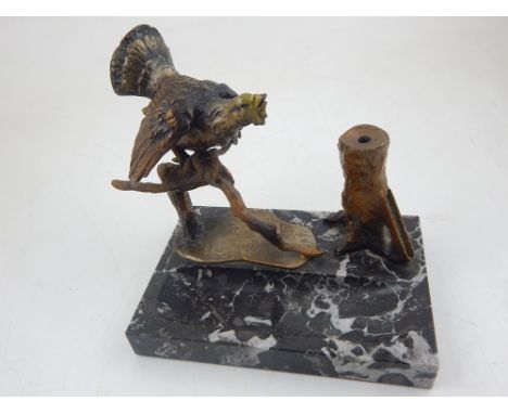 A mid 20th century cold painted spelter and reconstituted marble club lighter, cast with a crowing cockerel. W. 16cm