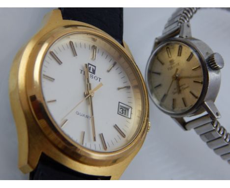 A gentleman's Tissot watch on black leather strap, together with a Tissot white metal watch having articulated strap. (2)