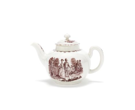 A Worcester teapot and cover, circa 1756-7Of slightly compressed globular form with a pointed mushroom finial, printed in bro