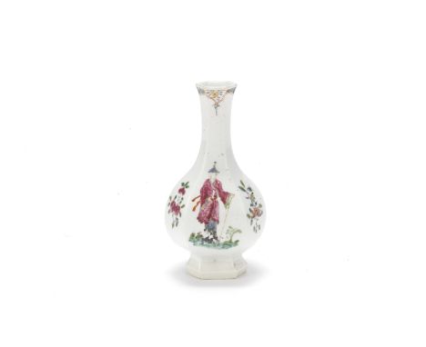 A Worcester bottle vase, circa 1753-4Of hexagonal baluster or 'onion' form, delicately painted with a Chinese figure wearing 