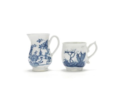 A Worcester creamjug and a Worcester coffee cup, circa 1755-58The jug of plain pear shape with a grooved handle, painted in b