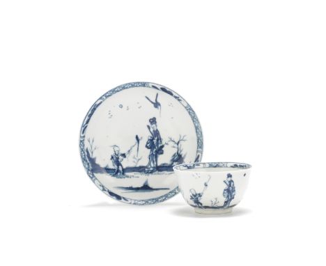 A Worcester teabowl and saucer, circa 1757-60Painted in blue with the 'Walk in the Garden' pattern  (I.A.17), the Chinese lad
