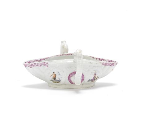 A Worcester two-handled sauceboat, circa 1755-57Of small size, the scroll handles with thumbrests, the sides moulded with gar