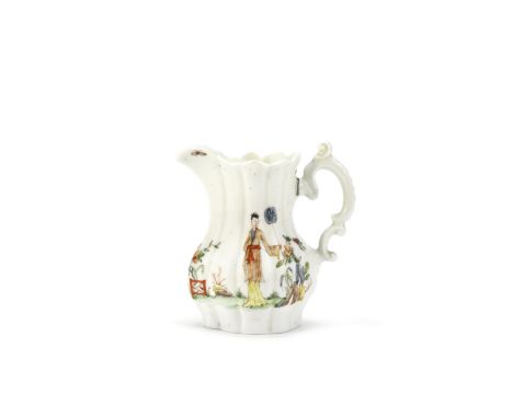 A Worcester moulded creamjug, circa 1753-55Of lobed pear shape with a scrolling silver-shaped handle, painted with a Chinese 