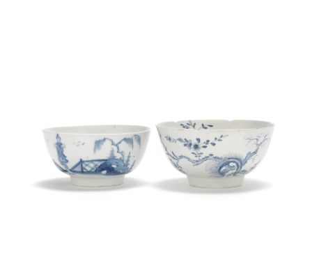 Two Worcester bowls, circa 1752-54 and 1756-58One painted in blue with the 'Willow Root' pattern (I.A.3), with a Long Eliza f
