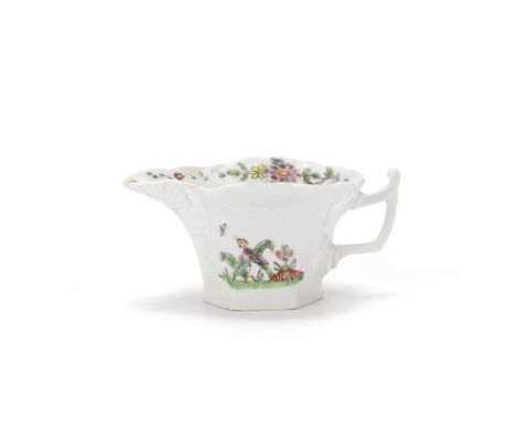 A Worcester hexagonal creamboat, circa 1753Of hexagonal form with a geranium leaf moulded below the lip, the angular handle w