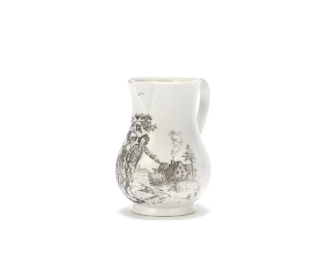 A Worcester creamjug, circa 1754-55Of baluster shape, with a sparrow beak spout, spreading foot and grooved loop handle, tran