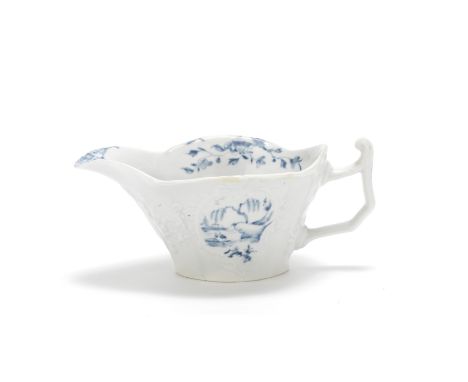A Worcester sauceboat or large creamboat, circa 1755-57Of lobed form moulded on both sides with shaped panels, the angular ha