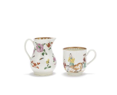 A Worcester milk jug and a rare coffee cup, circa 1765The jug with a sparrow beak spout, painted in Chinese style with formal