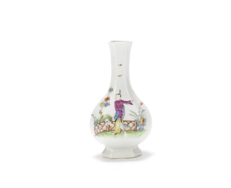 A Worcester bottle vase, circa 1753-54Of hexagonal baluster or 'onion' form, delicately painted with a Chinese figure pointin