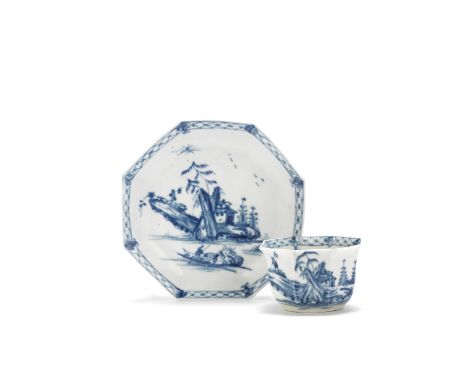 A Worcester teabowl and saucer, circa 1756-58Of octagonal form, painted in blue with the 'Romantic Rocks' pattern (I.B.8), a 