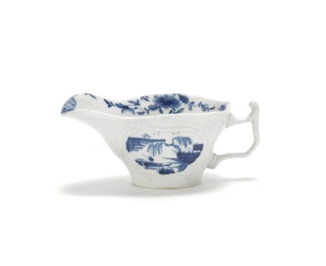 A Worcester sauceboat or large creamboat, circa 1755-57Moulded with shaped panels, the angular handle with a pronounced thumb