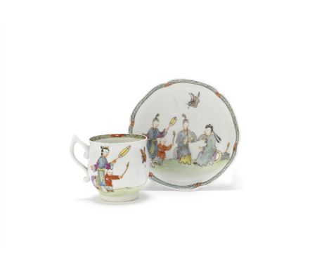 A Worcester coffee cup and a saucer, circa 1762-65The cup of bell shape with a wishbone handle, the saucer with a lobed rim, 