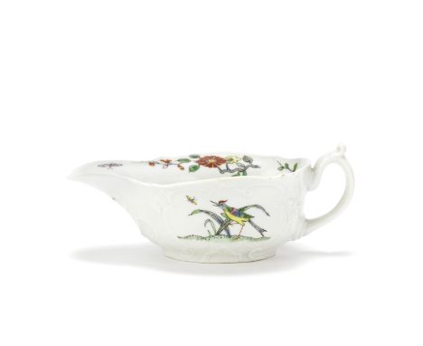 A Worcester sauceboat, circa 1752-54Of flat-bottomed form, the scrolled handle with a leaf-moulded thumbrest, the moulded pan
