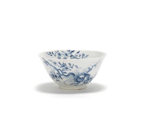 A Worcester bowl, circa 1756-58Of shallow conical form, painted in blue with the 'Prunus Root' pattern (I.D.27), the trailing