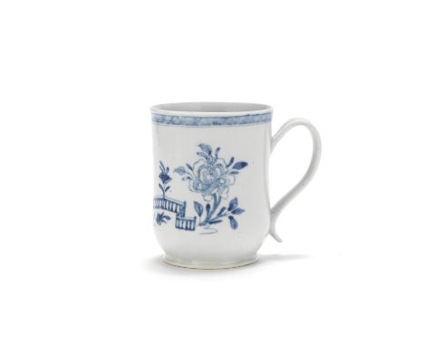 A Worcester mug, circa 1756-58Of bell shape with a broad grooved strap handle, painted in blue with the 'Zig-Zag Fence' patte