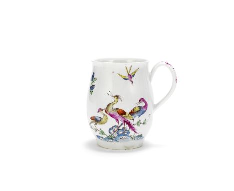 A good Worcester mug, circa 1758-60Bell-shaped with a grooved loop handle, painted with three animated 'fancy birds' atop roc