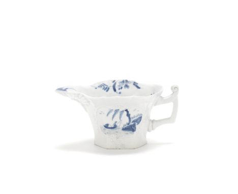 A Worcester creamboat, circa 1754-56Of flared hexagonal shape, the square-sectioned handle with a curled thumbrest, the sides