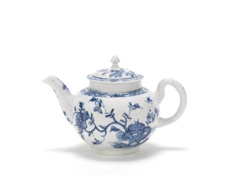 A small Worcester teapot and cover, circa 1757-60Of globular form and attractive small size, painted in blue with the 'Warble