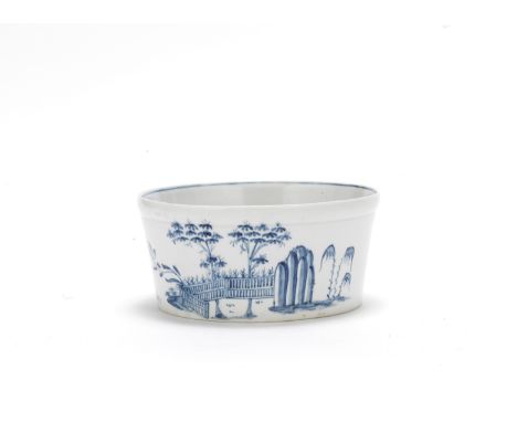 A Worcester potting pot, circa 1754-56Of large size, the circular form with flared sides and a thickened rim, painted in blue