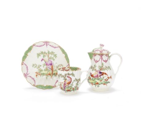 A Worcester milk jug and cover and a coffee cup and saucer, circa 1775Of fluted form, the jug of baluster shape, the cover wi