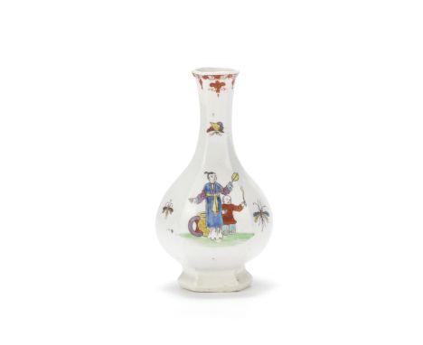 A Worcester bottle vase, circa 1754-55Of hexagonal baluster or 'onion' form, printed in outline and enamelled in bright colou