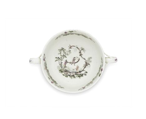 A rare Worcester porringer, circa 1757-58Lightly moulded with spiral wreathing and an ozier border, with twin twig handles, t