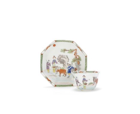 A rare Worcester teabowl and saucer, circa 1754-55Of octagonal form, printed in outline and hand-coloured with the 'Red Bull'