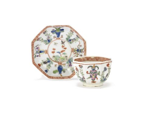 Another Worcester teabowl and saucer, circa 1753-54Of octagonal form, painted in famille verte style with the same pattern as