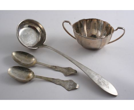 A 19TH CENTURY CONTINENTAL SOUP LADLE monogrammed & dated "4.XII.44", two similar Scandinavian table spoons with wavy ends, p