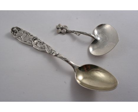 BY TIFFANY & CO: A late 19th / early 20th century American child's spoon with a gilt bowl & Jack & Jill in relief on the stem