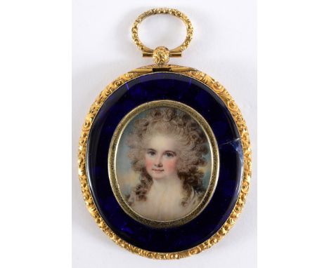ATTRIBUTED TO SAMUEL SHELLEY A miniature portrait of a lady with elaborately dressed hair, head & shoulders on ivory, 3.75 x 
