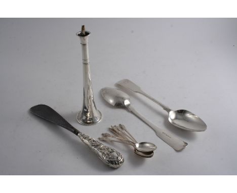 A MIXED LOT: A pair of Fiddle pattern table spoons, initialled, by William Pearce, Exeter 1821, a set of six "Apostle" tea sp