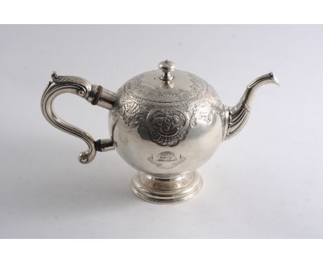 A GEORGE II SCOTTISH BULLET TEA POT with a part-fluted spout and a leaf-capped scroll handle, the upper body chased with a ma