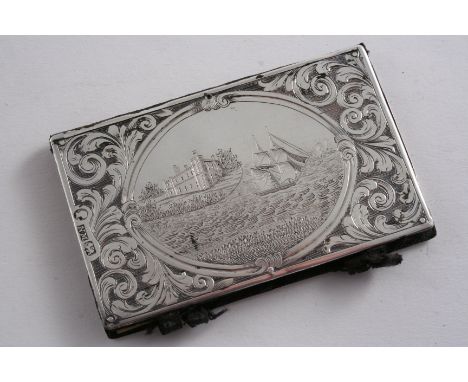 A VICTORIAN MOUNTED LEATHER AIDE MEMOIRE with an engine-turned back & an engraved "castle top", front panel depicting a view 