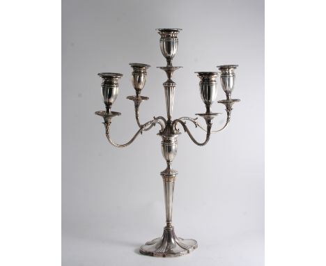 A MODERN FIVE-LIGHT CANDELABRUM on a lobed oval base with a reeded, tapering column & scroll borders, maker's mark "E.S&Co", 