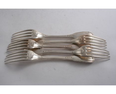 BY PAUL STORR: A set of five George III Fiddle & thread pattern table forks, crested, London 1808;  15.1 oz  (5)